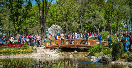 Istanbul, Turkey - April 17, 2016: People are spending weekend in Emirgan park, walking resting in Istanbul, Turkeyのeditorial素材