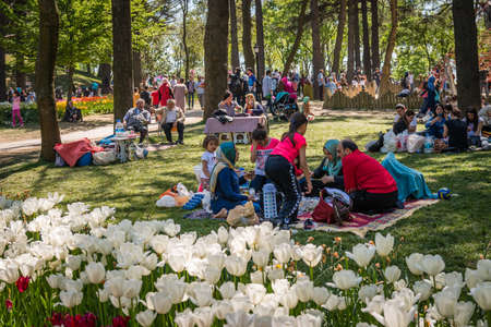 Istanbul, Turkey - April 17, 2016: Families are having picnics in Emirgan park on weekend in Istanbul, Turkeyのeditorial素材