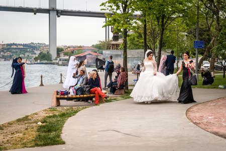 Istanbul, Turkey - April 23, 2016: Local brides are coming near the Bosphorus for photo sessions in Istanbul, Turkeyのeditorial素材