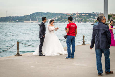 Istanbul, Turkey - April 23, 2016: Local brides are coming near the Bosphorus for photo sessions in Istanbul, Turkeyのeditorial素材