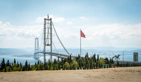 Kocaeli, Turkey - September 03, 2016: Newly constructed Osman Gazi Bridge which is crossing the sea of Marmara from Kocaeli, Turkey.のeditorial素材