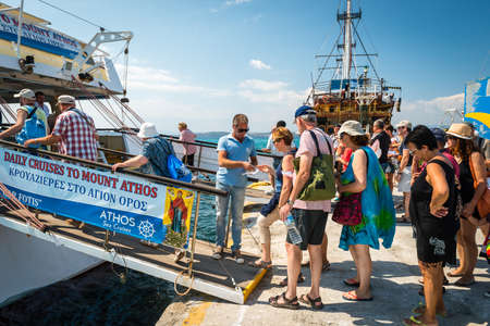 Ouranoupoli, Greece - September 13, 2016: People are getting on the  cruise boat on Athos peninsula...