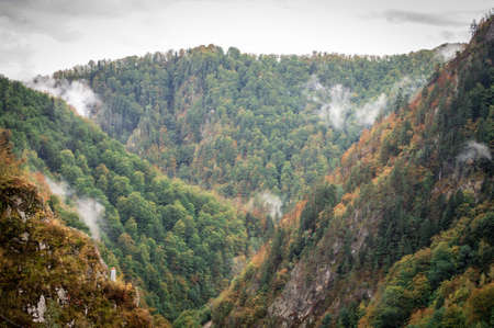 Landscape from Bucegi Mountains, part of Southern Carpathians in Romania in a foggy and rainy dayの写真素材