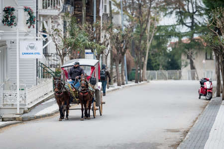 Buyukada, Turkey - January 22, 2017: Man rides a horse carriage in Buyukada which is the biggest...