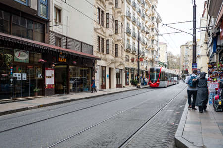Istanbul, Turkey - April 12, 2017: People are walking next to the modern tram line in Eminonu district, Istanbulのeditorial素材