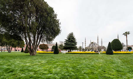 Istanbul, Turkey - April 12, 2017: People are visiting Sultanahmet neighborhood of Fatih, Istanbul near the Blue moaque during the Tulip festival in April.のeditorial素材