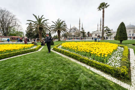 Istanbul, Turkey - April 12, 2017: People are visiting Sultanahmet neighborhood of Fatih, Istanbul near the Blue moaque during the Tulip festival in April.のeditorial素材