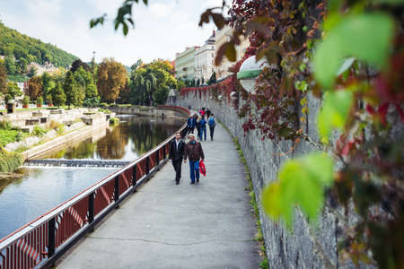 Karlovy Vary, Czech Republic- September 23, 2017: People are visiting Karlovy Vary which is the most visited spa town in Czech Republic.  It is famous for its hot springs.のeditorial素材