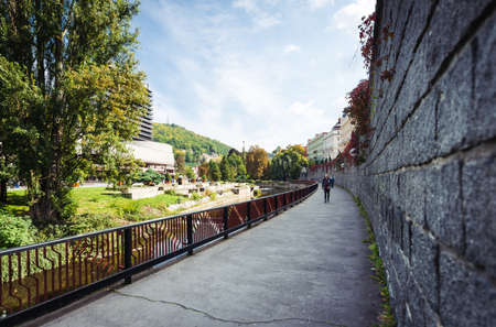 Karlovy Vary, Czech Republic- September 23, 2017: People are visiting Karlovy Vary which is the most visited spa town in Czech Republic.  It is famous for its hot springs.のeditorial素材