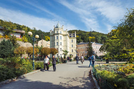 Karlovy Vary, Czech Republic- September 23, 2017: People are visiting Karlovy Vary which is the most visited spa town in Czech Republic.  It is famous for its hot springs.のeditorial素材