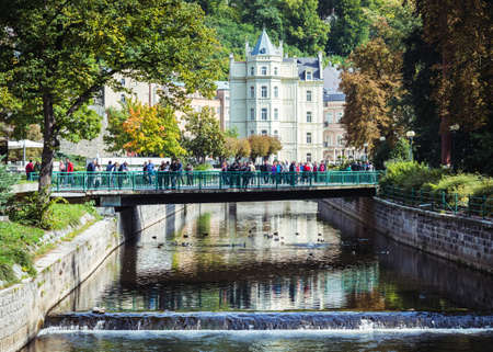 Karlovy Vary, Czech Republic- September 23, 2017: People are visiting Karlovy Vary which is the most visited spa town in Czech Republic.  It is famous for its hot springs.のeditorial素材