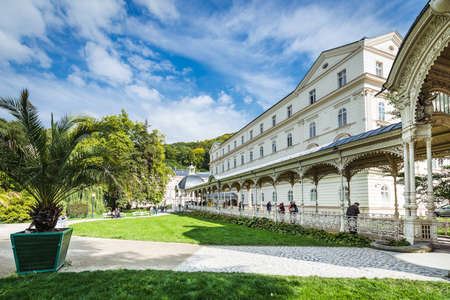 Karlovy Vary, Czech Republic- September 23, 2017: People are visiting Park Colonnade in the Dvorak Park in Karlovy Vary, Czech Republicのeditorial素材