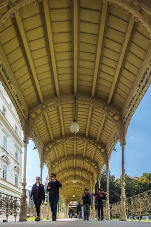 Karlovy Vary, Czech Republic- September 23, 2017: People are visiting Park Colonnade in the Dvorak Park in Karlovy Vary, Czech Republicのeditorial素材