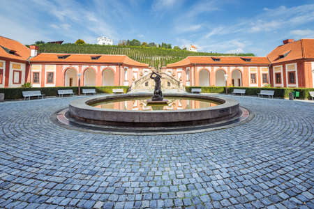 Prague, Czech Republic- September 28, 2017: Fountain and sculpture near the Troja Palace which is a Baroque palace built  in the 17th century, located in Prague, Czech Republic.のeditorial素材