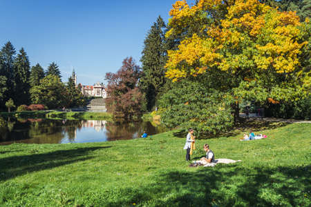Pruhonice, Czech Republic- September 30, 2017: People are visiting Pruhonice Chateau and Park. The castle got its current Neo-Renaissance form at the end of the 19th centuryのeditorial素材