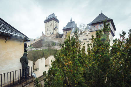 Karlstejn, Czech Republic- October 28, 2017: Karlstejn castle in a rainy autumn day. It is one of the most famous and most frequently visited castles in Czech Republic.のeditorial素材