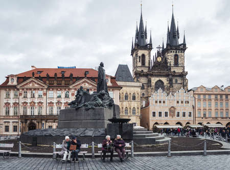 Prague, Czech Republic- November 12, 2017: Tourists are visiting Prague Old Town Square in a winter, Czech Republicのeditorial素材