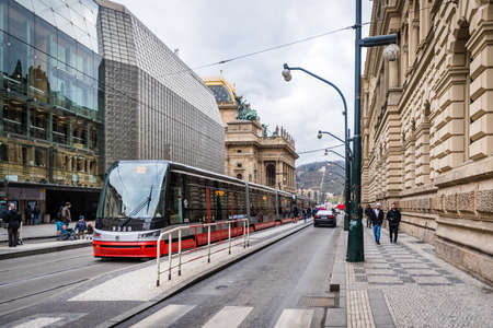 Prague, Czech Republic- November 18, 2017: People are walking on the street of Prague while tram number 22 passing by.のeditorial素材