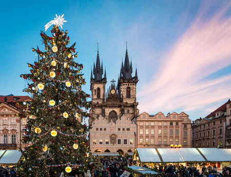 Prague, Czech Republic- December 23, 2017: Prague Christmas tree and markets on Old Town Square with gothic Tyne cathedral in background.のeditorial素材