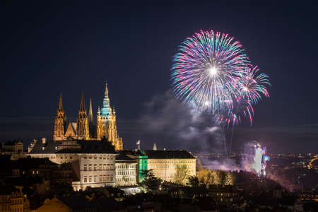 New Years fireworks in Prague 2018. View with the Cathedral of Saint Vitus from Petrin Hillの写真素材