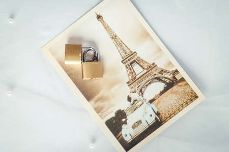 Greeting card of wedding and two locks symbolizing true loveの写真素材