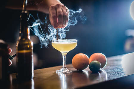 Alcohol cocktail in the glass with smoke and cinemon stick on the bokeh background.の写真素材