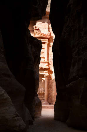 The Tresury viewed from a narrow in the Siq, Petra, Jordanの写真素材