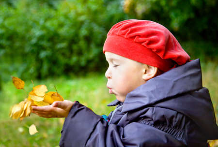 Little girl blowing on autumn leaves in her palmsの写真素材