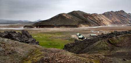 Landmannalaugar landscape with camping, Icelandの写真素材