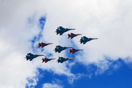 May 7, 2021, Russia, Moscow. A group of Air Force jet fighters The Swifts and The Russian Knights...