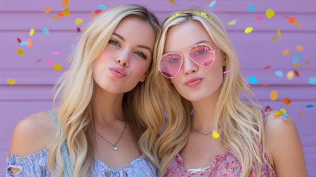 Two joyful young women pose playfully against a pastel backdrop, surrounded by colorful confetti, showcasing friendship, happiness, and vibrant summer fashion.の素材