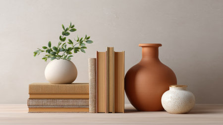 A visually pleasing still life composition showcasing decorative vases, a lush green plant, and stacked books, all arranged on a minimalist wooden table against a soft neutral backdrop.の素材