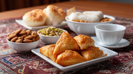 A visually appealing Middle Eastern snack spread, showcasing golden samosas, assorted nuts, and fluffy bread, ideal for family gatherings and warm celebrations.の素材