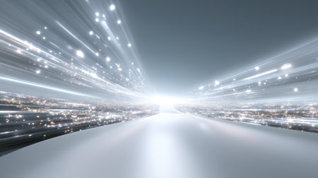 A striking futuristic pathway illuminated by glowing lights and radiant energy beams, evoking a sense of speed and motion in a captivating and surreal scene.の素材