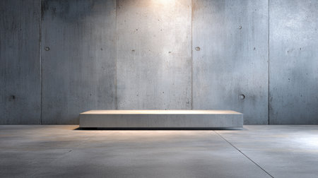 A sleek concrete display platform is illuminated by soft lighting in a modern interior. The minimalist design creates a striking backdrop for showcasing art or products.の素材