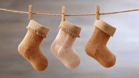 Explore the charm of these handmade knitted baby socks hanging on a line. Perfect for creating a nostalgic and cozy atmosphere in family and newborn photography.の素材