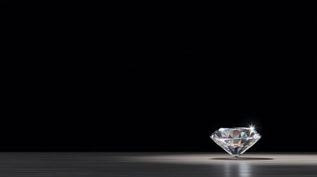 A stunning crystal diamond sits elegantly on a smooth surface, set against a dark background, highlighting its brilliance and intricate reflections for a luxurious feel.の素材