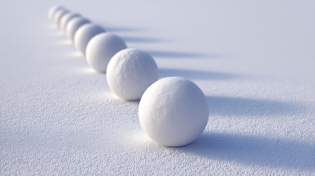 A captivating image of white spheres lined neatly on a soft textured surface, illuminated by gentle light that enhances the tranquil atmosphere and minimalistic design.の素材