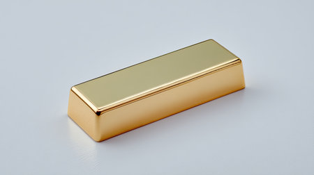 A single shiny gold bar resting on a light background, symbolizing wealth and investment, perfect for financial concepts, luxury themes, and economic growth applications.の素材