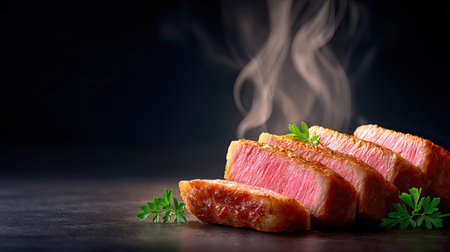 Mouthwatering sliced steak showcases a juicy pink center with steam rising. Fresh herbs add color to this elegant dish, perfect for food lovers and chefs alike.の素材