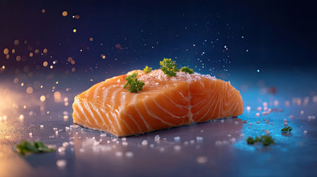 This image showcases a fresh raw salmon fillet garnished with sea salt and herbs against a vibrant blue background, perfect for culinary and food-related projects.の素材