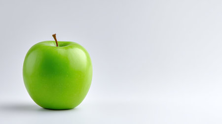 A vibrant green apple sits alone against a minimalist background, symbolizing health and freshness. Perfect for nutrition themes and healthy eating concepts.の素材