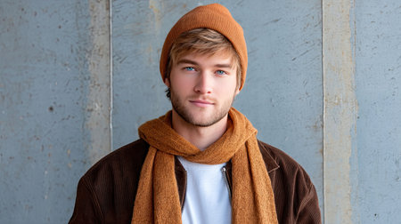 A young man appears in a stylish outfit with an orange beanie and scarf, exuding a confident expression against a textured concrete backdrop, perfect for fashion-themed projects.の素材