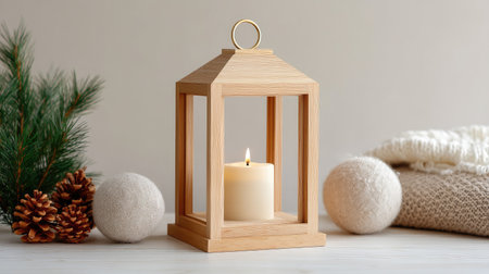 A beautiful wooden lantern with a flickering candle creates a cozy and inviting atmosphere, complemented by soft textiles and natural elements for a serene winter scene.の素材