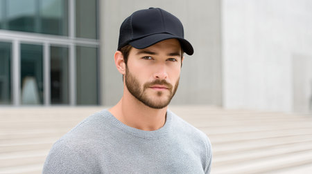 A young man showcases his stylish look with a black cap and grey sweater against a backdrop of modern architecture, exuding confidence and charm in this outdoor portrait.の素材