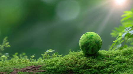 A serene green sphere rests on a soft mossy surface, surrounded by a vibrant natural environment. Gentle light rays create a peaceful, tranquil setting in nature.の素材