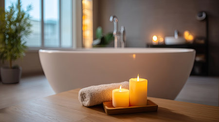 A serene bathroom scene featuring a modern bathtub surrounded by soft lighting, glowing candles, and a cozy towel on a wooden tray, perfect for relaxation and self-care.の素材