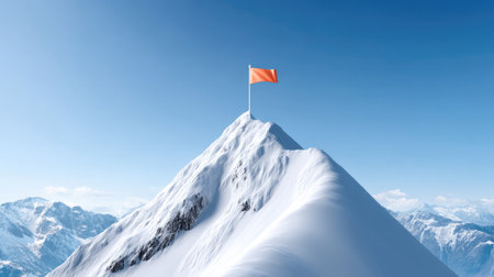 A stunning view of a snowy mountain peak featuring a bright orange flag fluttering against a clear blue sky. This scene captures the essence of exploration and achievement.の素材