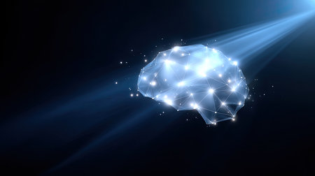 This abstract digital illustration features a glowing brain design connected by nodes and illuminated by beams of light, symbolizing technology and intelligence.の素材