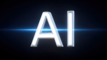 A striking visual featuring illuminated AI text alongside a blue light beam, representing the essence of artificial intelligence and modern technological advancements.の素材
